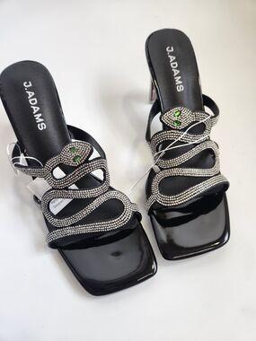 J. Adams Black Rhinestone Snake-Embellished Slide Heels Size 8.5